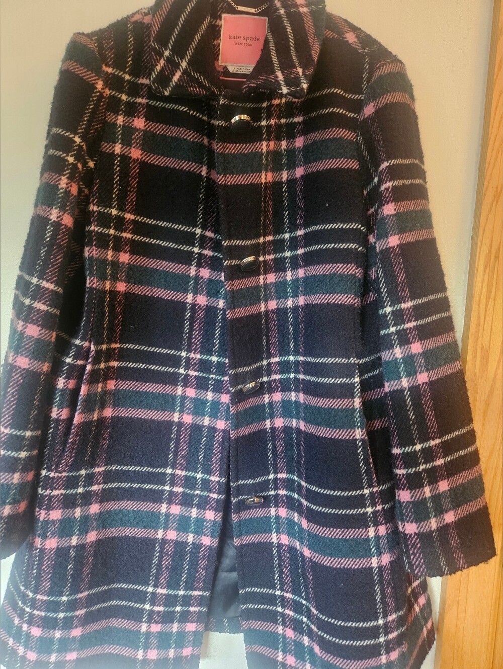 Kate Spade New York Plaid Wool Blend Coat Pink Navy Women's Designer Coat - Picture 2 of 16
